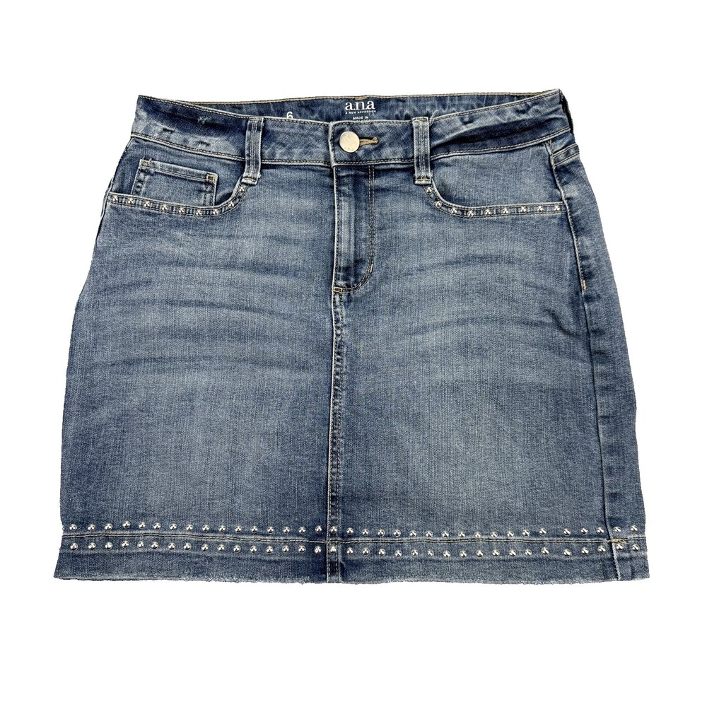 ANA Womens Mini Jean Skirt Size 6 Studded Stretch Denim Distressed